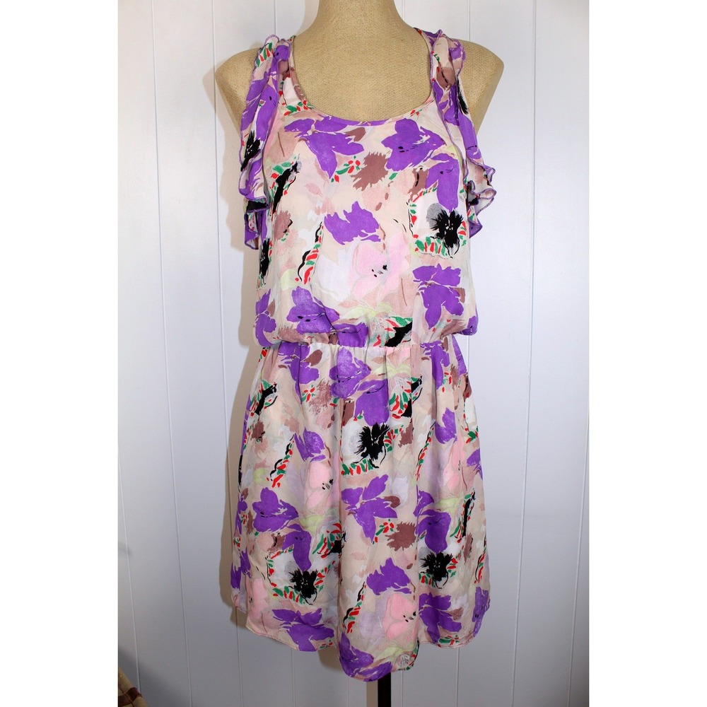 Parker Silk Abstract Floral Purple Pink Ruffle Racerback Mini Dress SZ Medium
